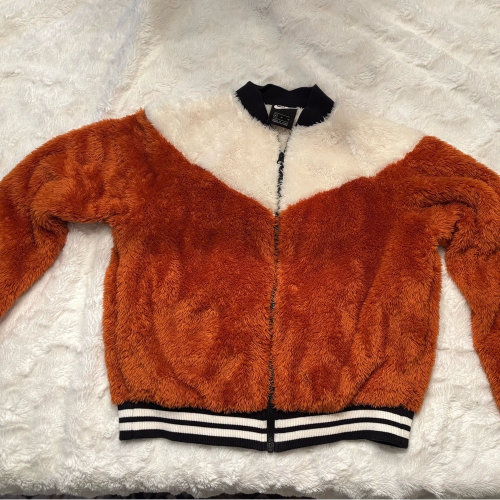 Nike Womens Fuzzy Teddy Fleece Orange and White Hoodie